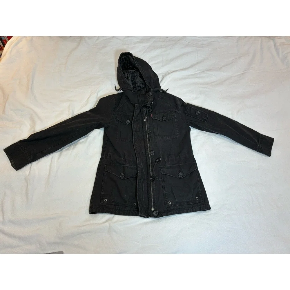 Levi's Men's Small Black Hooded Field Parka Jacket Quilted Lining Military Style
